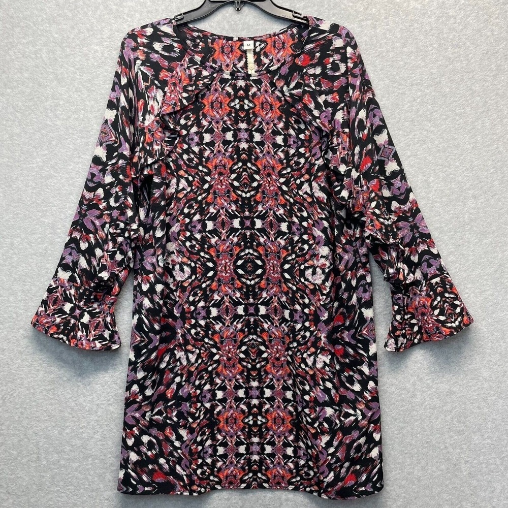 Uncle Frank Dress Womens Medium Black Ikat Ruffle Bell Sleeve‎ Shift Mini Dress